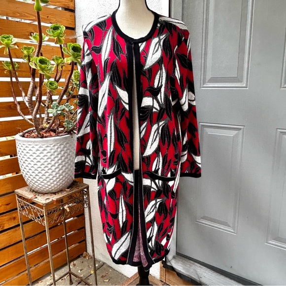 Kasper Red and Black Long Line Open Front Knit Cardigan Floral Abstract Sz XL - Picture 1 of 13